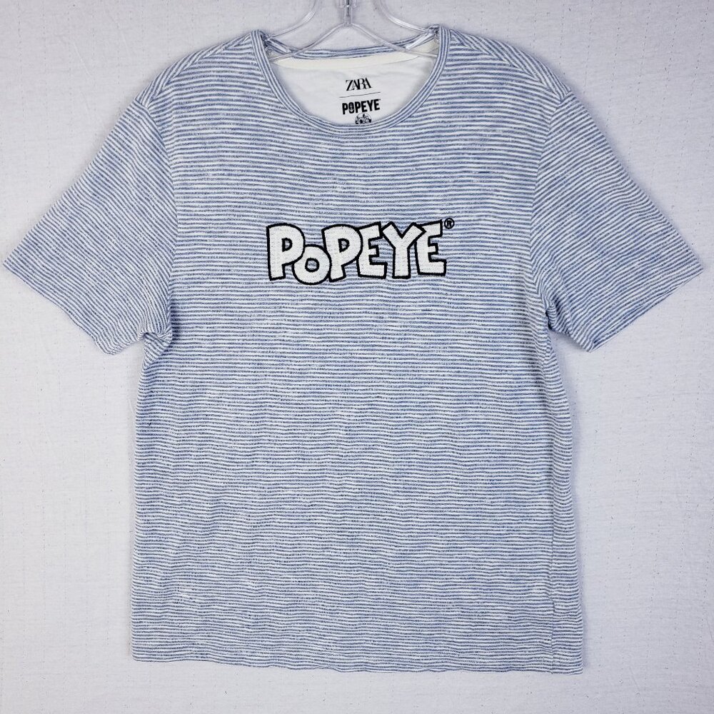 ZARA x POPEYE Limited Edition Crew Neck T-shirt Blue White Striped size M